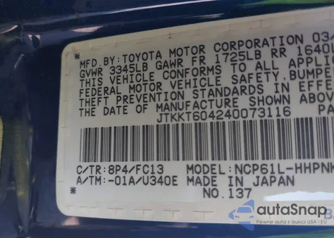 2004 Scion Xa z USA, uszkodzony, nr VIN JTKKT604240073116